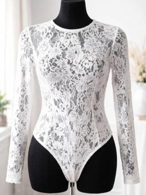 WHITE TEXTURED WOOLY CHANTILLY BODYSUIT