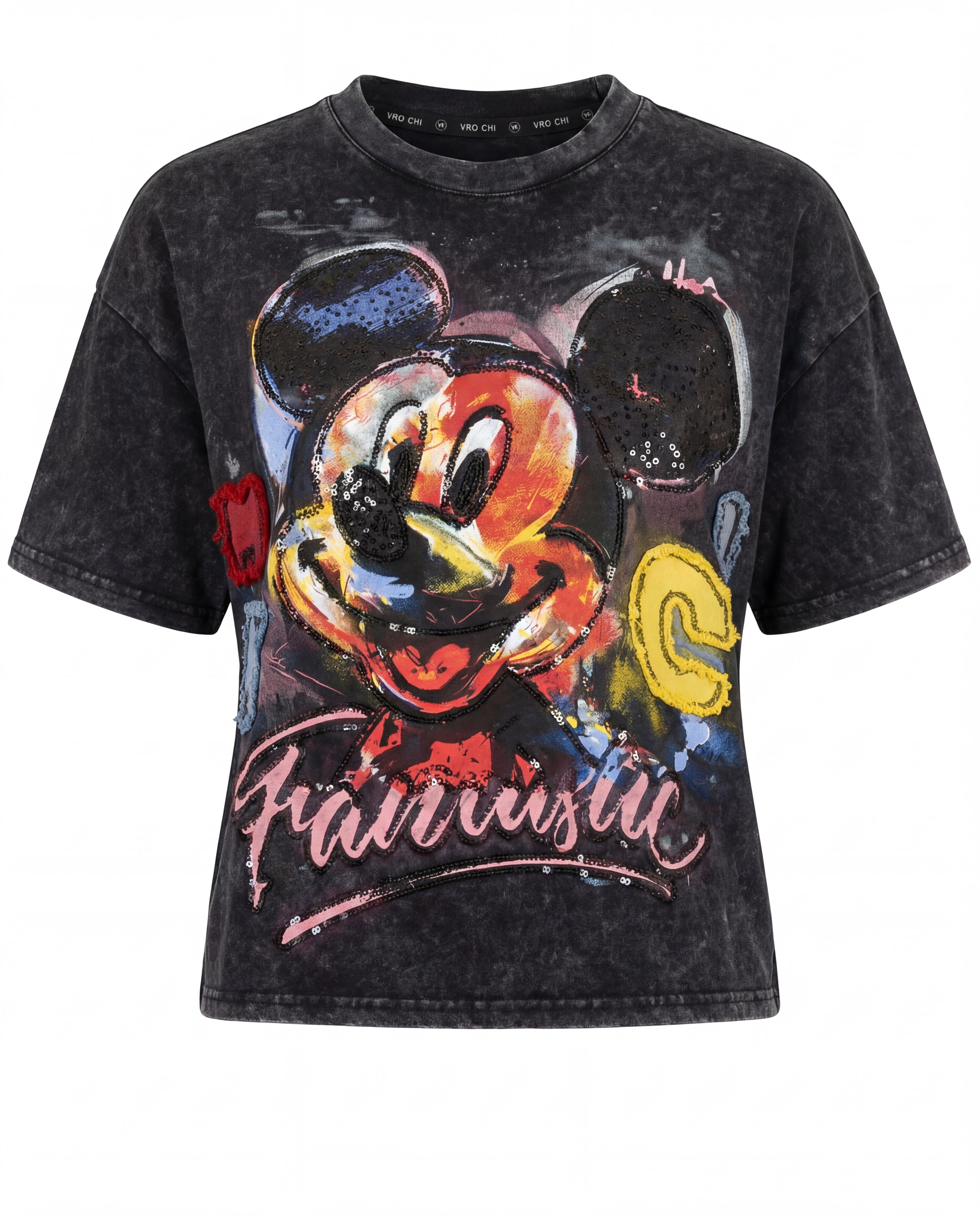 (2FOR65K)YAOCHI 9353 BLACK DISTRESSED FANTASTIC MICKEY TEE