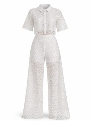 (2FOR100K) SASHES X HIDES IVORY LACE BOX SHIRT & PANT SUIT SET