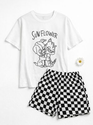 BEI MU WHITE SUNFLOWER TOP X GRID PRINT SHORTS