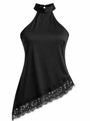 BLACK HALTER NECK SILK CHANTILLY INSERT SCARF DETAIL TOP