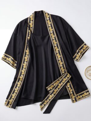 BLACK WITH GOLD FLORAL BORDERS SILK 2PCS ROBE SET