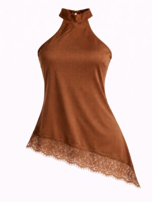 CHOCO HALTER NECK SILK CHANTILLY INSERT SCARF DETAIL TOP
