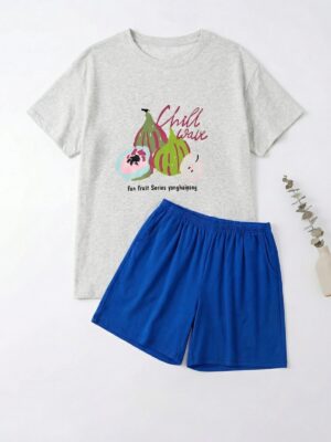 FUN FRUIT SERIES GREY TOP X BLUE SHORTS NIGHTWEAR
