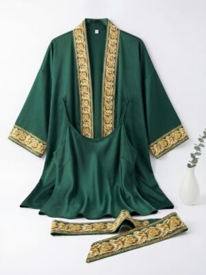 GREEN WITH GOLD FLORAL BORDERS SILK 2PCS ROBE SET
