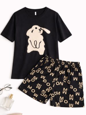 MEIYI BLACK TOP WITH MEO PRINT SHORTS NIGHTWEAR