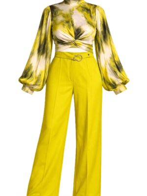 MISS HAVIS OLIVE PRINT RUCH DETAIL BUBBLE SLEEVE BLOUSE WITH LIME PANTS