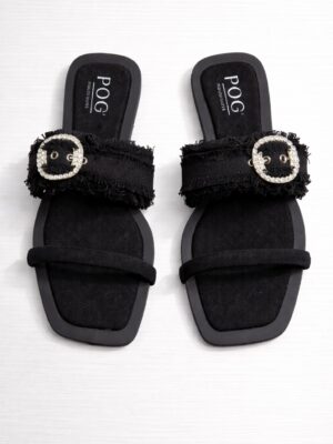 (2 FOR 50K)POG E2659-8 BLACK DENIM FRINGE EMBELLISHED SLIPPERS