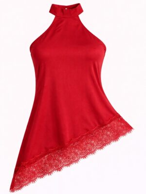 RED HALTER NECK SILK CHANTILLY INSERT SCARF DETAIL TOP