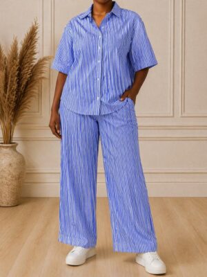 SASHES X HIDES DOUBLE LINE BLUE STRIPE BOX SHIRT PANT SUIT SET
