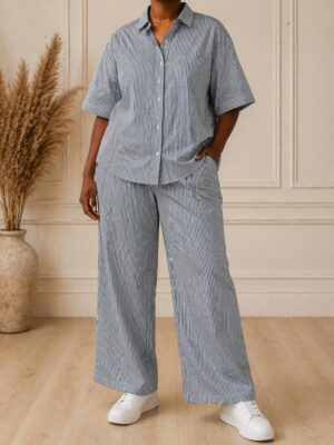 SASHES X HIDES PETROL STRIPE BOX SHIRT PANT SUIT SET