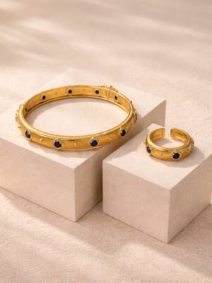 FASHION GOLD RIBBON X MULTI EMBELLISHED BRACELET & RING SET