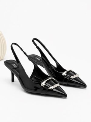 (2FOR55K)ZR BLACK PATENT SILVER BUCKLE MINI SLING BACKS