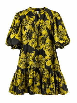YELLOW BROCADE BUBBLE SLEEVE PEPLUM HEM DRESS