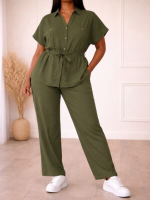 ZR KHAKI DOUBLE POCKET BELTED SUIT SET