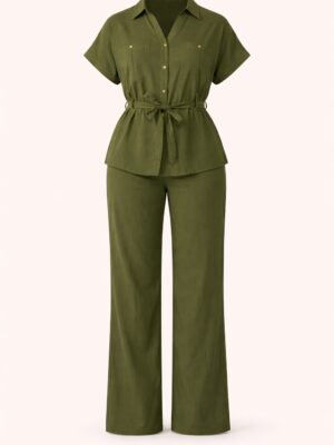 ZR KHAKI DOUBLE POCKET BELTED SUIT SET