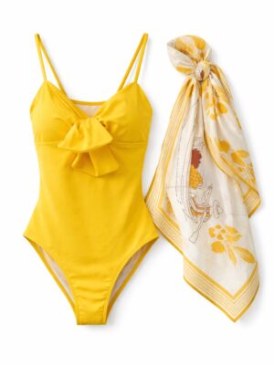 CUSTARD THIN STRAP BOW CLEAVAGE DETAIL WITH SCARF SWIMWEAR