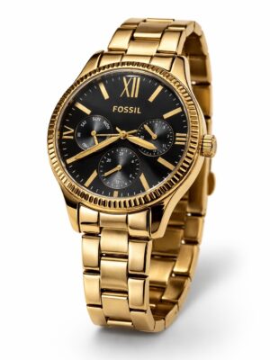 FOSSIL BQW3757 ROUND GOLD BLACK FACE CHRONGRAPH CHAIN WATCH