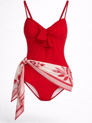 RED THIN STRAP BOW CLEAVAGE DETAIL WITH SCARF SWIMWEAR
