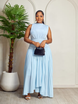 BLUE JERSEY MID DRAPE PLEAT DETAIL MIDI DRESS