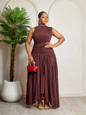 COFFEE JERSEY MID DRAPE PLEAT DETAIL MIDI DRESS