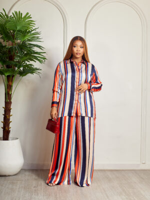 (2FOR70K)SASHES ORANGE/NAVY NAUTICAL STRIPES SILK PANT SUIT SET