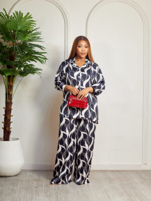 (2FOR70K)SASHES BLACK SCALLOPS SILK PJ PANT SUIT SET