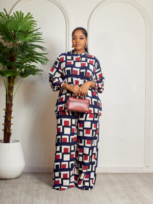 (2FOR70K)SASHES NAVYWINE CLOCK PRINT CREPE PANT SUIT SET
