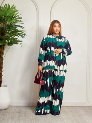 (2FOR70K)SASHES GREENBLACK CLOCK PRINT CREPE PANT SUIT SET