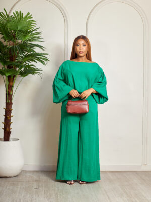 ZR GREEN BARDOT BUBBLE SLEEVES PANT SUIT SET
