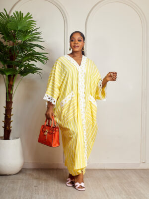 (2FOR75K)YELLOW LACE INSERT DOUBLE POCKET STONE CAFTAN