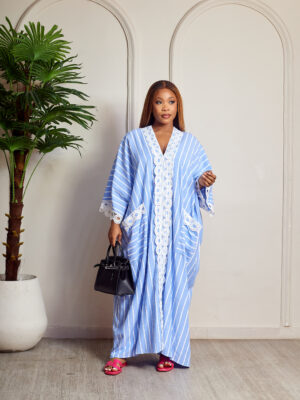 (2FOR75K)BLUE LACE INSERT DOUBLE POCKET STONE CAFTAN