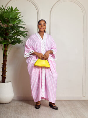 (2FOR75K)PINK LACE INSERT DOUBLE POCKET STONE CAFTAN
