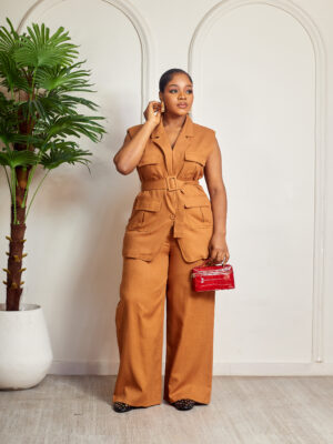 ZR COFFEE LINEN SLEEVELESS 4 MILITARY PANT SUIT SET
