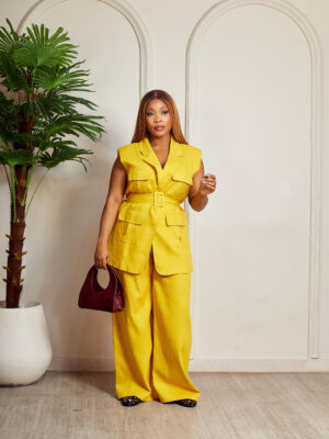 ZR MUSTARD LINEN SLEEVELESS 4 MILITARY PANT SUIT SET