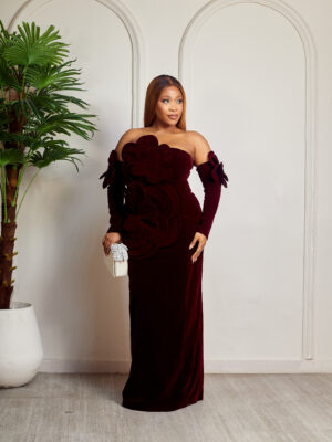 MAROON VELVET FLORAL APPLIQUE BARDOT DRESS