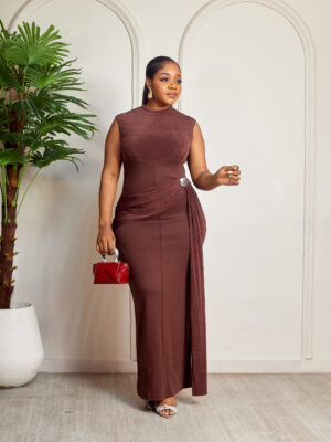 CHOCO JERSEY & SCUBA SHAWL DETAIL MIDI DRESS