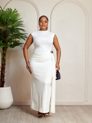IVORY JERSEY & SCUBA SHAWL DETAIL MIDI DRESS