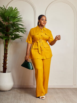 ZR MUSTARD LINEN BELTED 4POCKET PANT SUIT SET