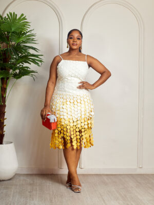 IVORY X MUSTARD CIRCLE GUIPURE LAYERED THIN STRAP DRESS