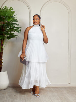 WHITE PLEATED HALTER NECK DETAIL LAYERED MIDI DRESS