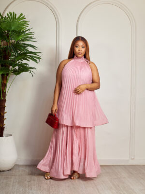 PINK PLEATED HALTER NECK DETAIL LAYERED MIDI DRESS