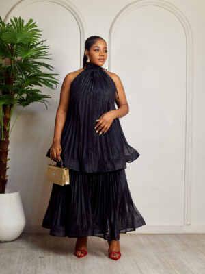 BLACK PLEATED HALTER NECK DETAIL LAYERED MIDI DRESS
