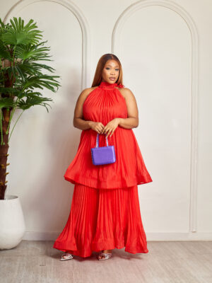 RED PLEATED HALTER NECK DETAIL LAYERED MIDI DRESS