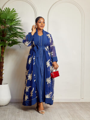 NAVY X GOLD LINEN KIMONO X SLIP 2PCS SET