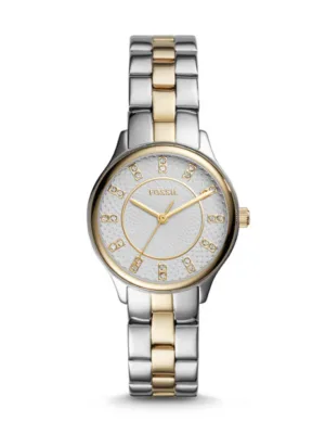 FOSSIL BQ1574 WHITE FACE ROUND DIAMONDS MINI 2TONE CHAIN WATCH