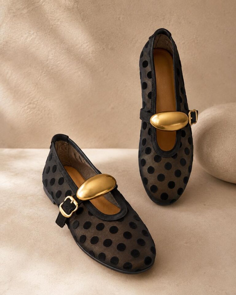 BLACK POLKA DOT MESH GOLD BUCKLE BALLET FLAT SHOES