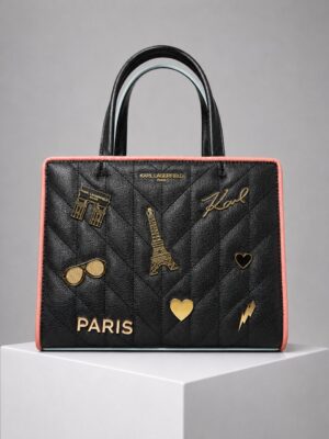 KARL LAGERFELD BLACK PEACH CONTRAST CHARM DETAIL TOP HANDLE TOTE