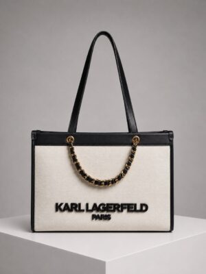 KARL LAGERFELD BLACK SAVOIE FABRIC DETAIL CHAIN HANDLE TOTE