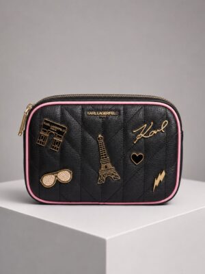 KARL LAGERFELD BLACK PEACH CONTRAST K9BJ GOLD CHARM DETAIL CROSS BODY BAG